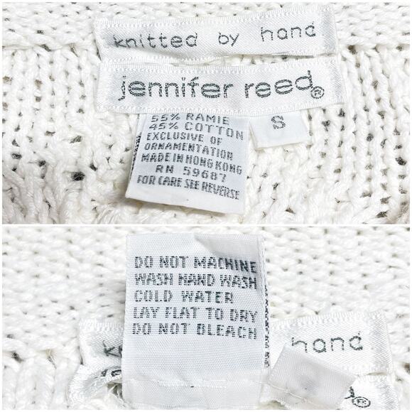 JENNIFER REED Vintage Hand Knit White Sweater w Real Fur Shoulder Accents Size S - Picture 10 of 11